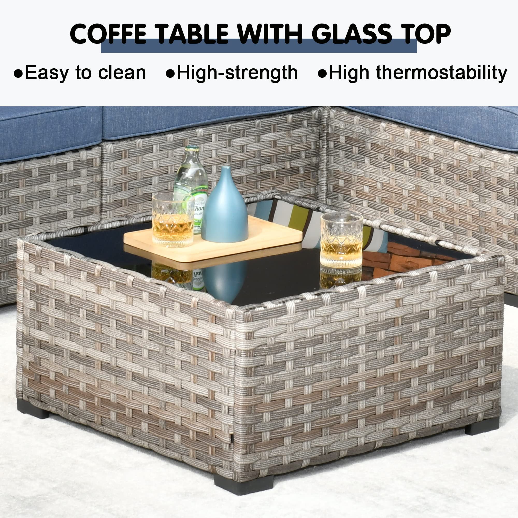 Vcatnet 6 Pieces Patio Furniture Outdoor Sectional Sofa Wicker Conversation Set with Coffee Table for Garden,Poolside,Denim blue