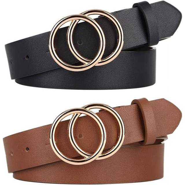 Pack 2 Cinturones Mujer para Vaqueros con Hebilla Moda Doble Anilla y Piel Sintética