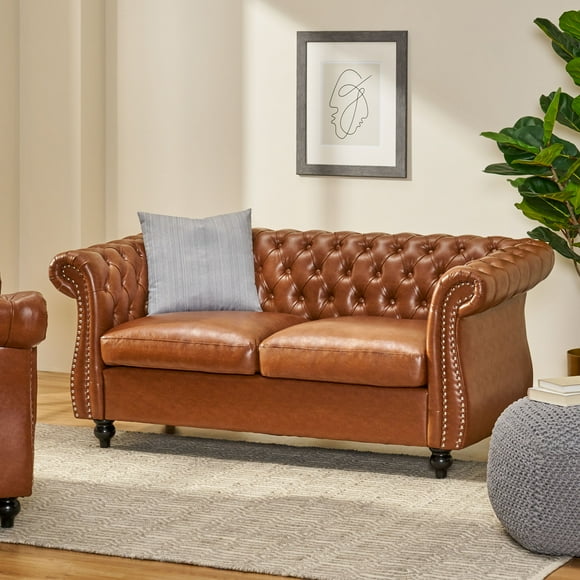 Brown Leather Sofa – 61" Mid Century Modern Couch with Tufted Back and Wooden Legs, Perfect for Living Room or Office, PU Faux Leather, Light Brown