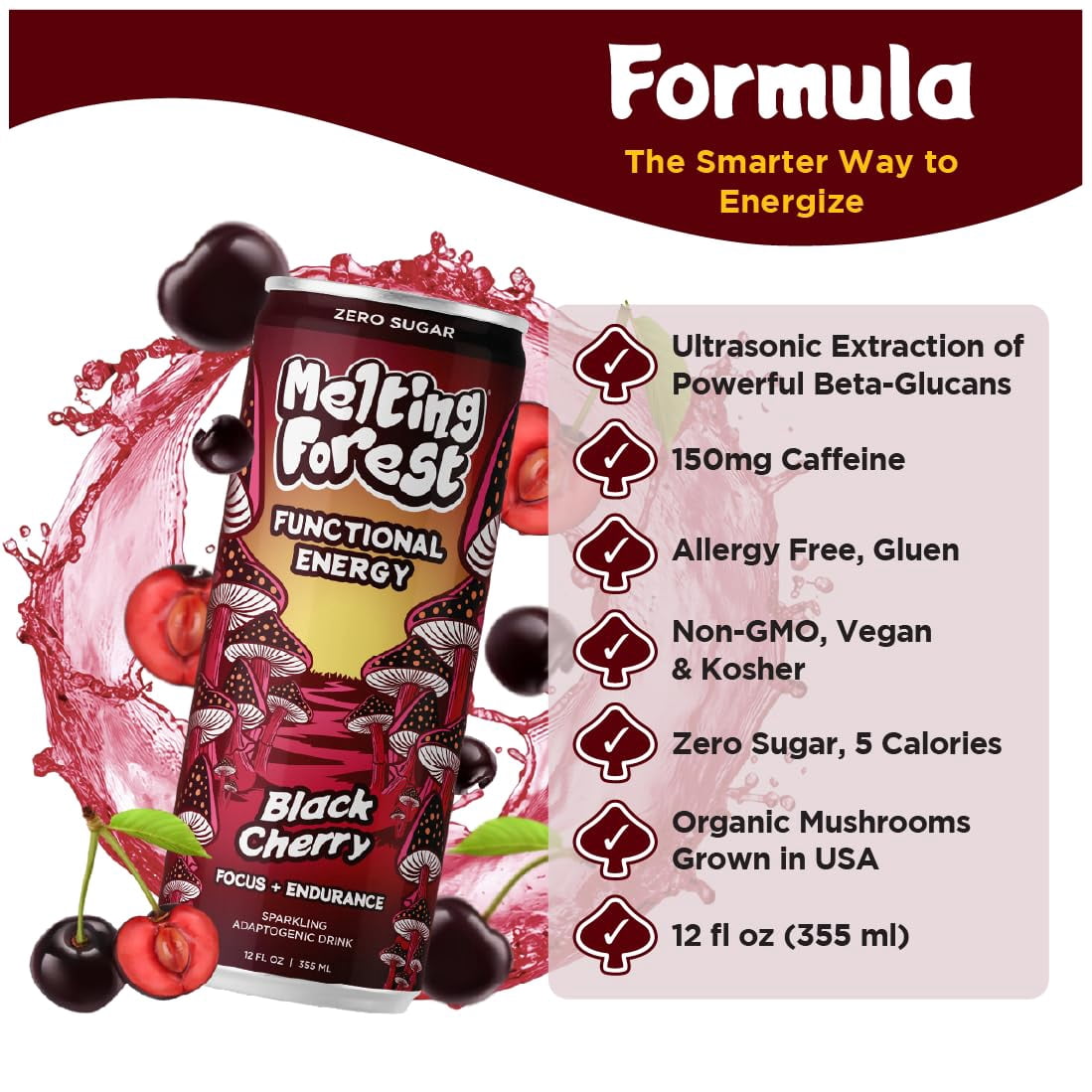 Melting Forest Mushroom Energy Drink, Black Cherry, Flavored Sparkling Water, Mushroom-Infused Seltzer, 5 Calories Zero Sugar — 12 Pack