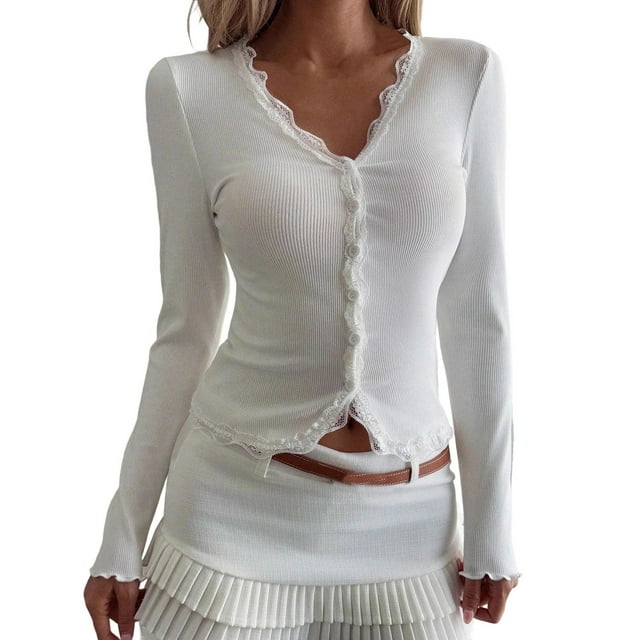 Cardigan for Women Summer, Solid Color V-Neck Lace Panel Ribbed Long Sleeve T-Shirt Top, Women's Cardigan
