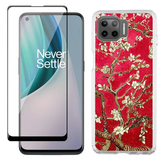 Slim-Fit Protective Phone Case compatible with Motorola Moto One 5G UW, with Tempered Glass Screen Protector, by OneToughShield ® - Almond Blossom Red