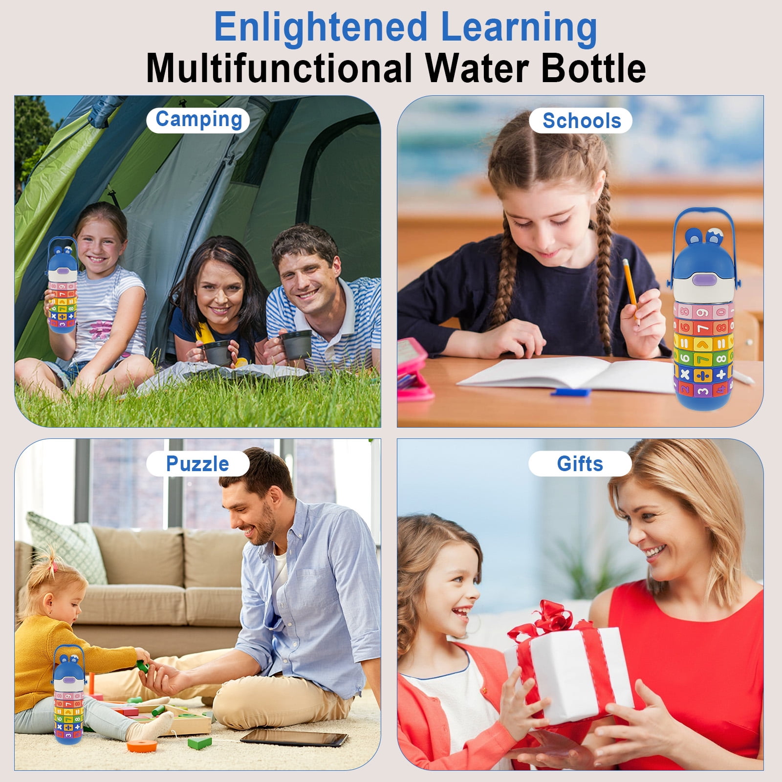 Fznkrag Kids Insulated Water Bottle Stainless Steel Kid Cup with Silicone Straw Sealing 430ml Kid Tumbler with Handle Adjustable Shoulder Strap