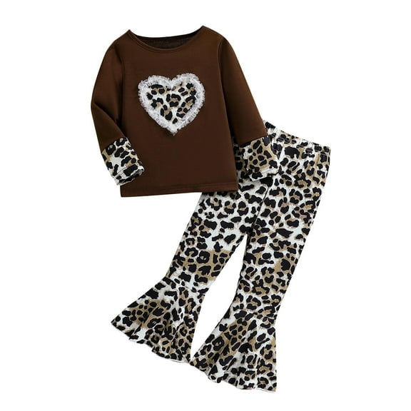 Odeerbi 3-10 Years Kids Girls Outfits Leopard Long Sleeve Tops Flared Pants Two-piece Set Cute Casual Loungewear Kids Girls Clothes