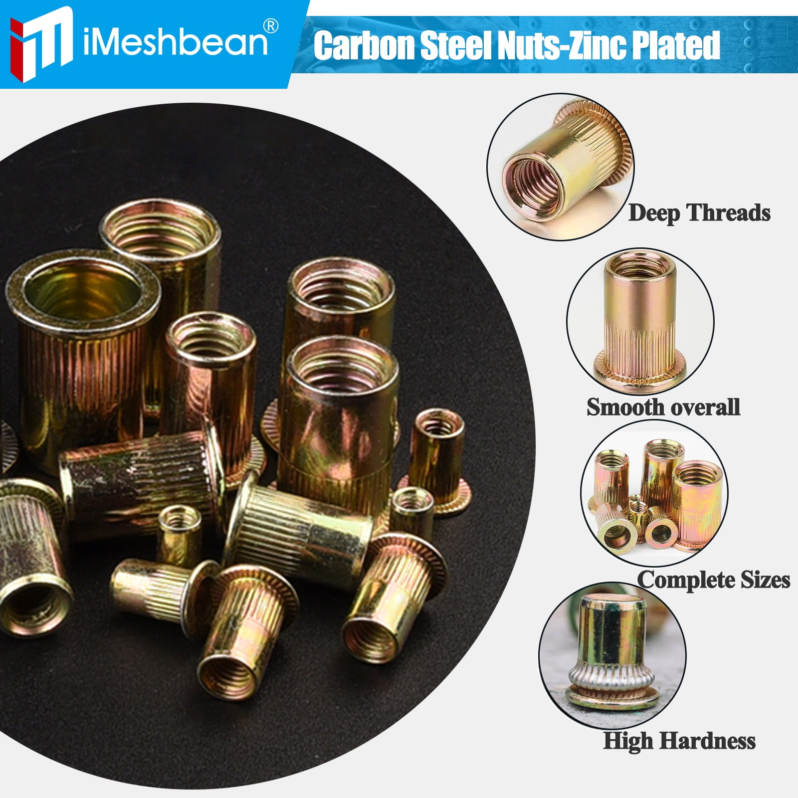 iMeshbean 860Pcs Rivet Nuts- SAE UNC Assortment Carbon Steel Flat Head Zinc Plated Nutsert