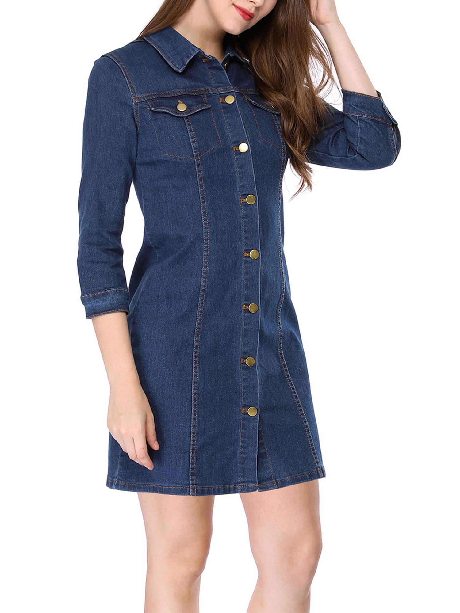 DARING DIVA 3/4 Sleeve Button Down Denim Shirt Dress L Blue