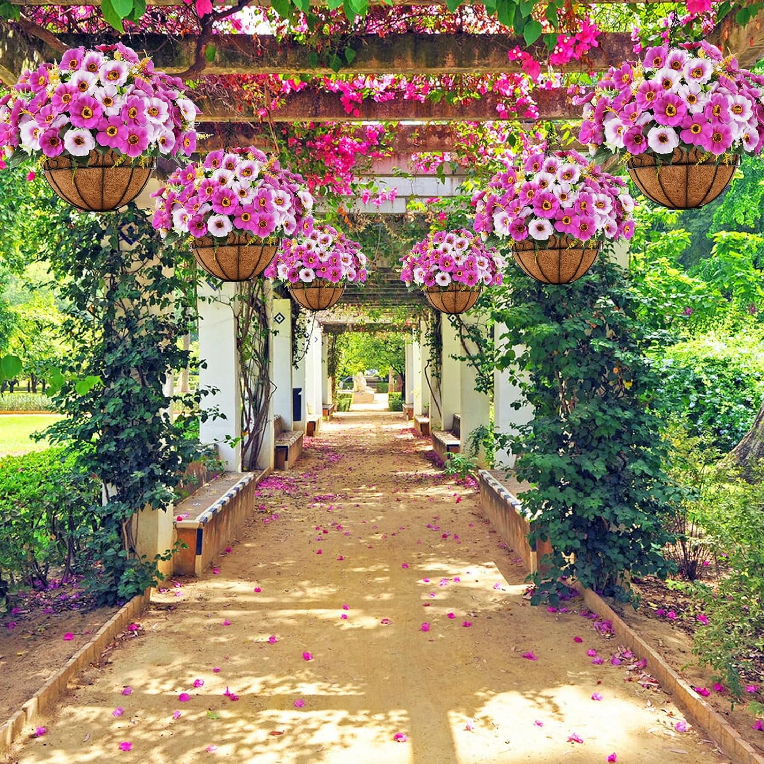 Artificial Fake Hanging Flowers Baskets for Outdoors Spring Summer Decoration Faux Silk Colorful Daisy UV Resistant for Garden Porch Home Patio Balcony Decor