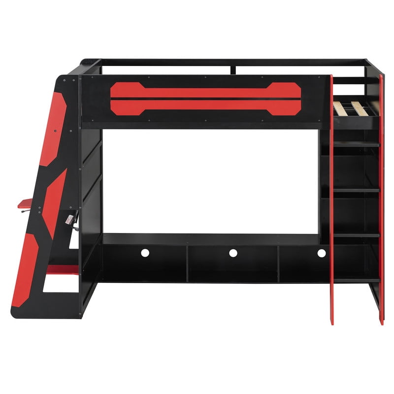 Twin Size Gaming Loft Bed with Desk and RGB LED Light, Wooden Loft Bed Frame with Workstation and Storage Shelves for Bedroom, Dorm Room