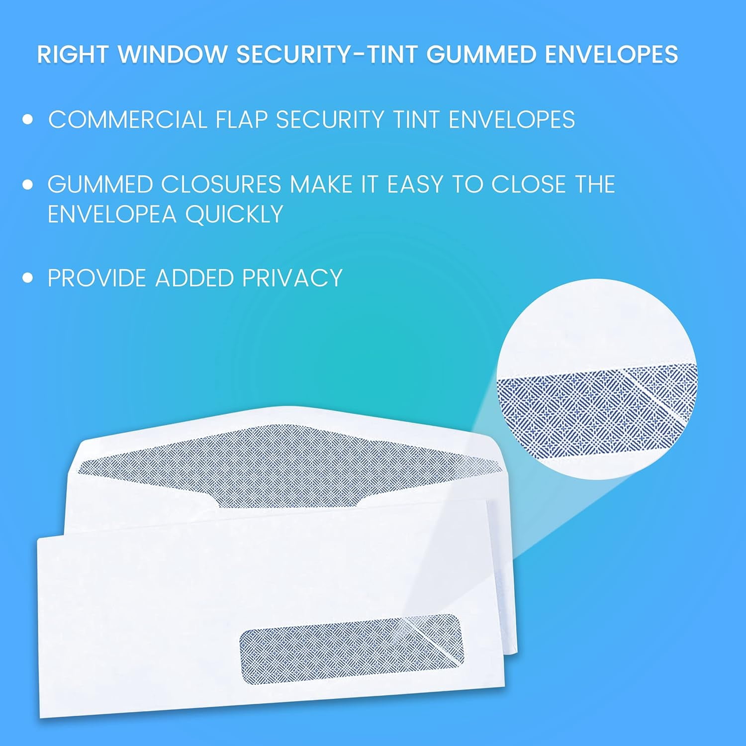 1InTheOffice #10 Right Window Security-Tint Gummed Envelopes - 500/Box, For Business Mail