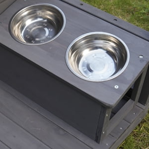 ZephyPaws Large Outdoor Wood Dog House with Spacious Terrace,Breathable Window 2 Feeding Stainless Bowls,Dog Kennel with Asphalt Roof,Dog Cage with Resting Porch for Large Dogs,Gray