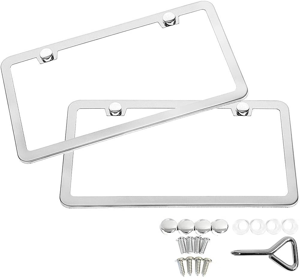 Chrome Screw Caps 2 PCS Stainless Steel Polish Mirror License Plate Frame Silver 
