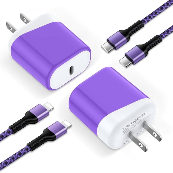 Bioonis Compatible for iPhone Charger, 20W Type C Charger Block,2 Pack USB C Block with USB C to Charging Cable 10FT,Type C Block USB C Wall Charger Adapter USB C Brick Compatible for iPhone,Purple