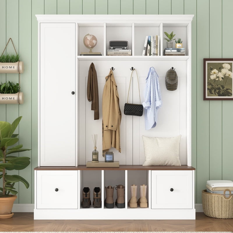 Farmhouse Hall Tree with Open Compartments, Entryway Coat Rack with 5 Hooks and Adjustable Shelf Cabinet, Entryway Bench for Hallway, Entryway, Living Room