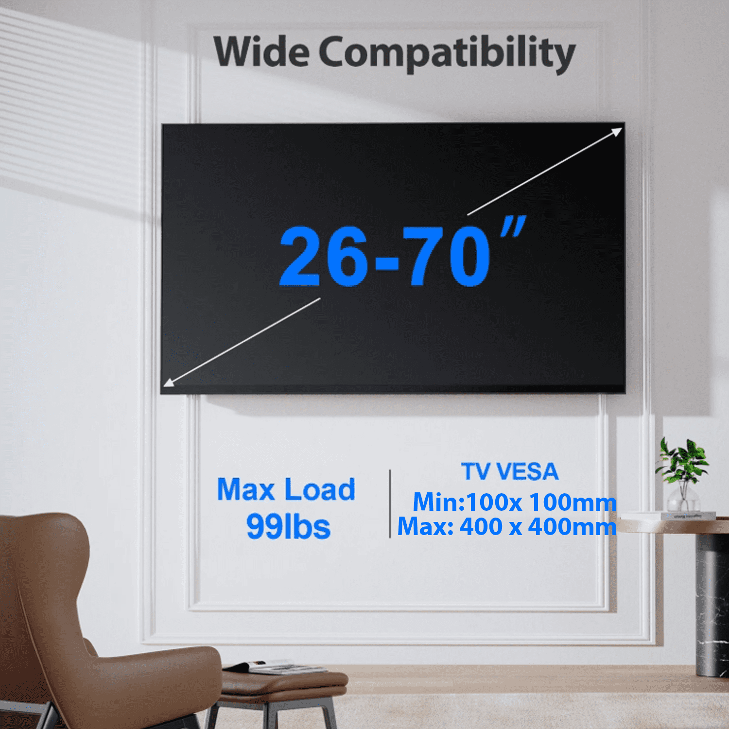 MountFTV Full Motion Swivel TV Wall Mount Bracket for 26-70 inch Flat Curved TVs, Hold up to 99 lbs,Max 400x400mm, Fits 12″/16″ Wood Studs with Articulating Dual Arms