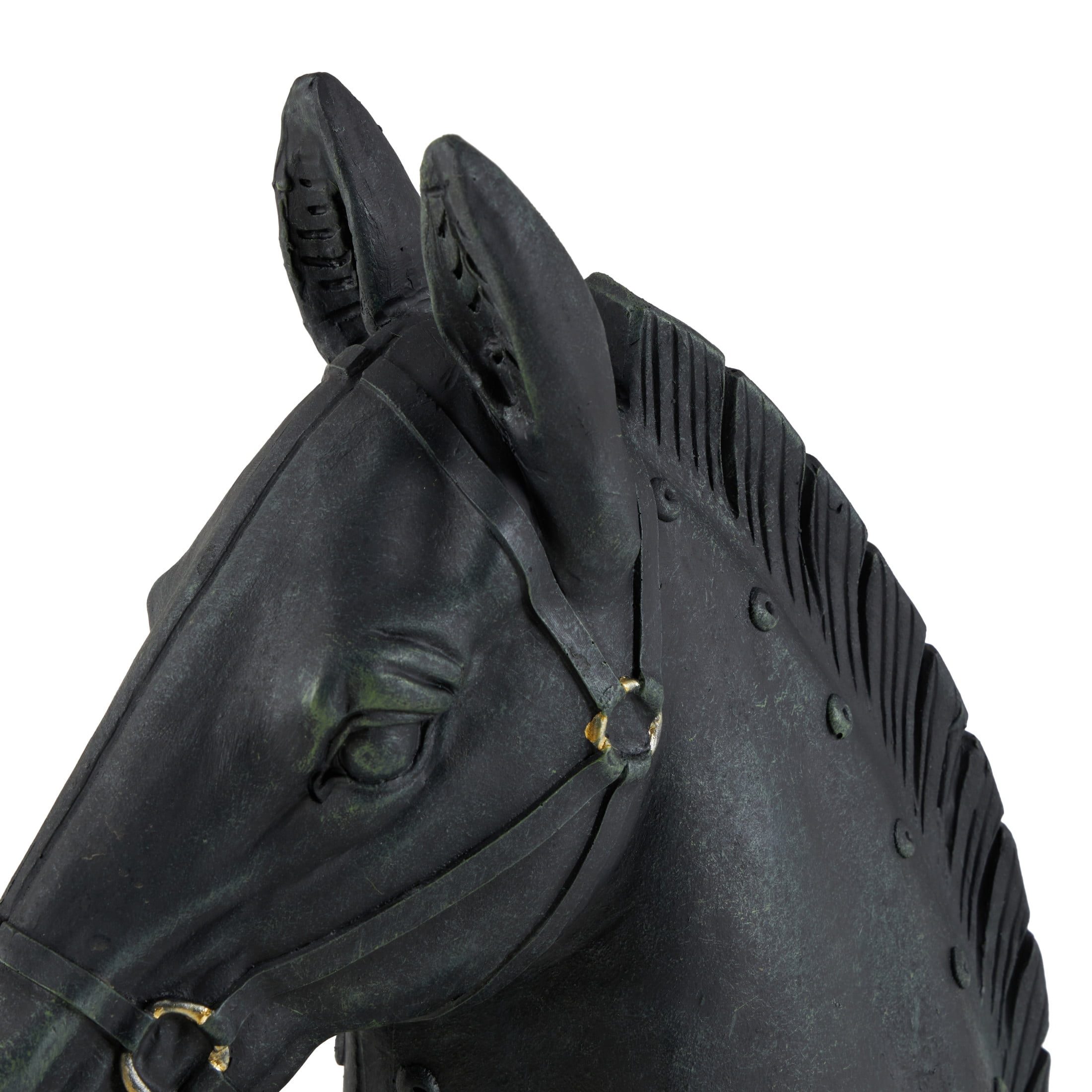 9" x 12" Black Polystone Antique Style Head Horse Sculpture with Hitching Post and Gold Accents, by DecMode