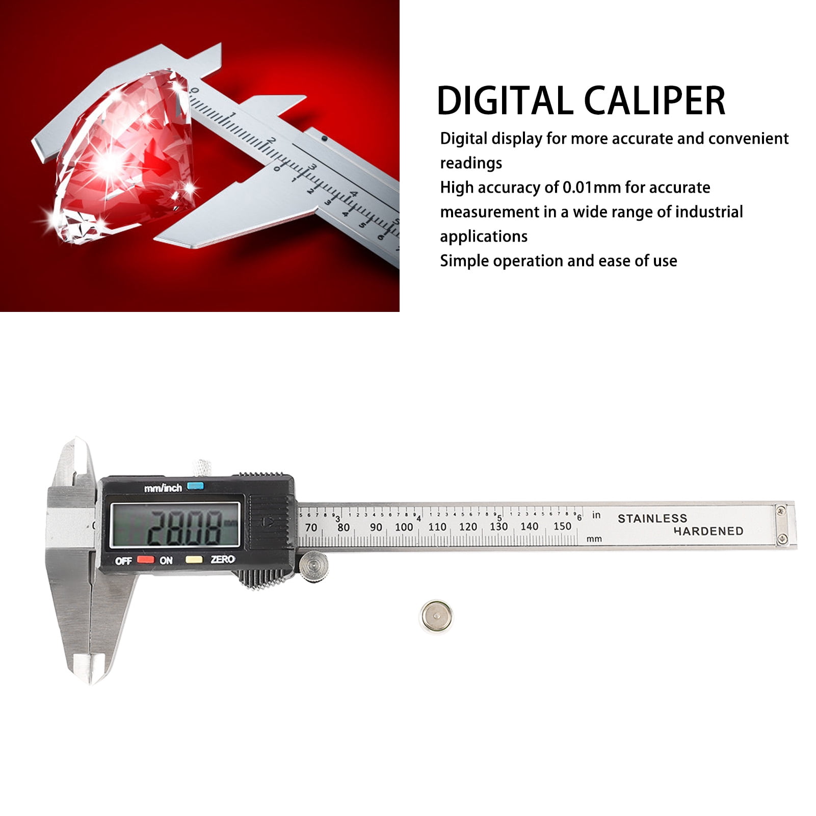 YAHHU Digital Caliper Stainless Steel Electronic Vernier Micrometer Measuring Tool 0-6 inches / 0-150mm with LCD Display