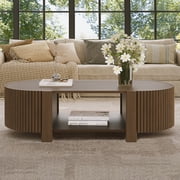 47 Oval Coffee Table with Storage, Mid Century Modern Center Table with 2 Doors, Wood Fluted Tea Table with Open Shelf for Living Room, Walnut