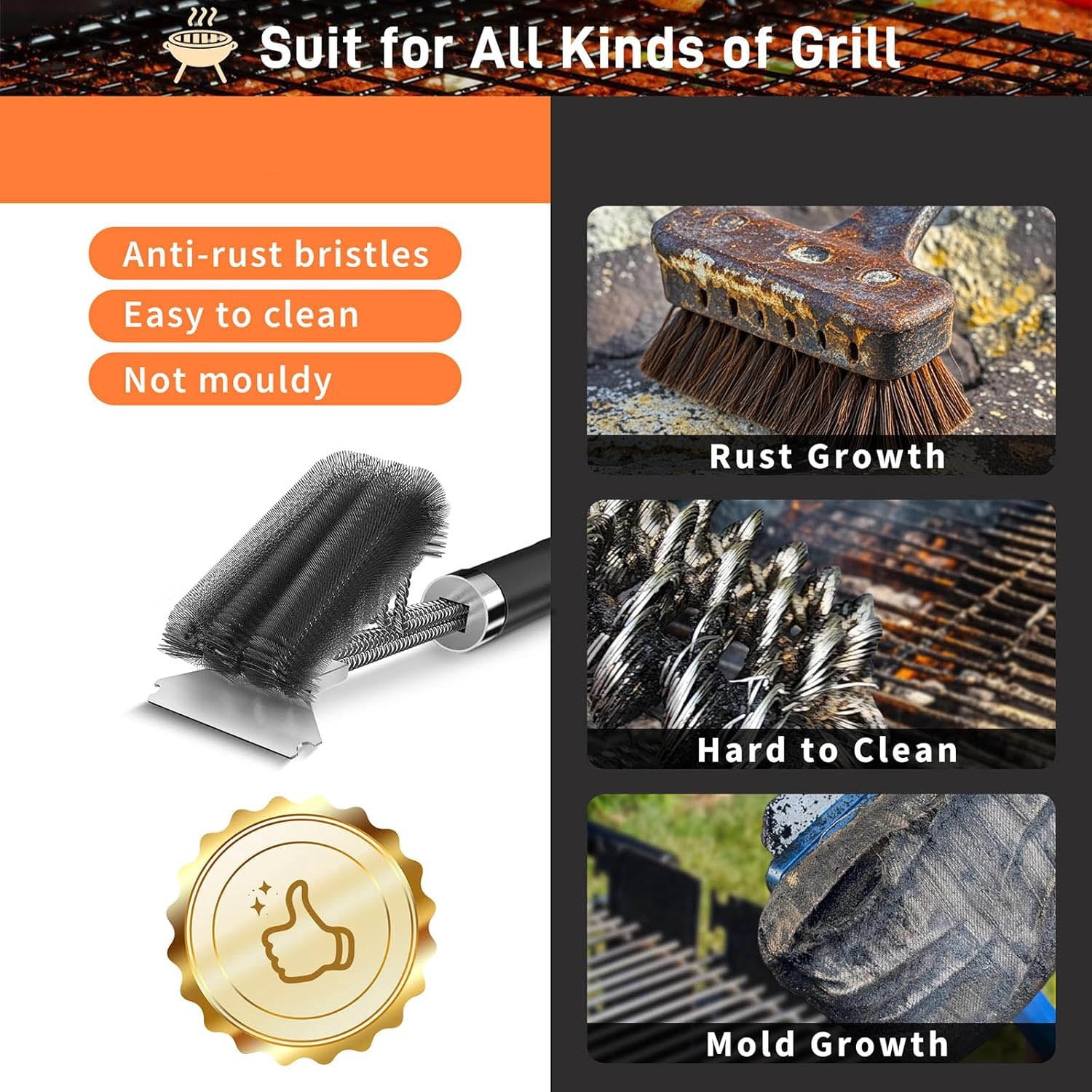 Grill Brush with Scraper, Adjustable Handle BBQ Grill Brush for Outdoor Grill, Extra Strong Cleaner Accessories for Grill, Smoker, Gas and Charcoal Cleaning