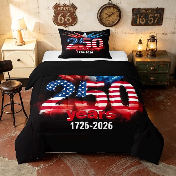 Manfei USA Flag Jet Twin Comforter Sets, 250 Years Anniversary Bedding Set, Black, Black Reversible 2-Piece, 1 Comforter and 1 Pillowcase