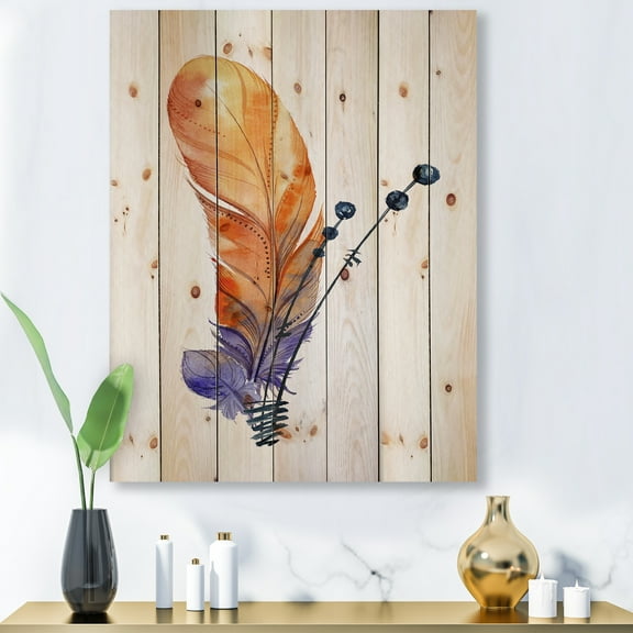 Designart 'Ethnic Orange Animal Feather Composition' Bohemian & Eclectic Print on Natural Pine Wood
