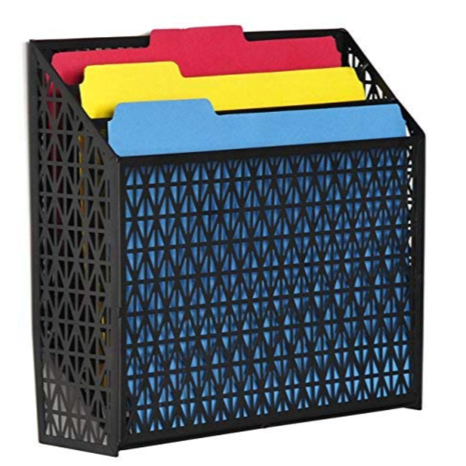 Designa 3 Tier Vertical Wall Mounted File Folder Organizer in Black Rhombic Metal Mesh Hanging ...