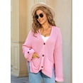 thumbnail image 4 of Women Chunky Knit Sweater Long Sleeve V Neck Button Up Cardigan with Pocket Coat for Fall and Winter Pink L, 4 of 8