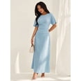thumbnail image 4 of Blue Womens Linen Blend Solid Color Elegant Maxi Dress With Short Flare Sleeves, 4 of 6