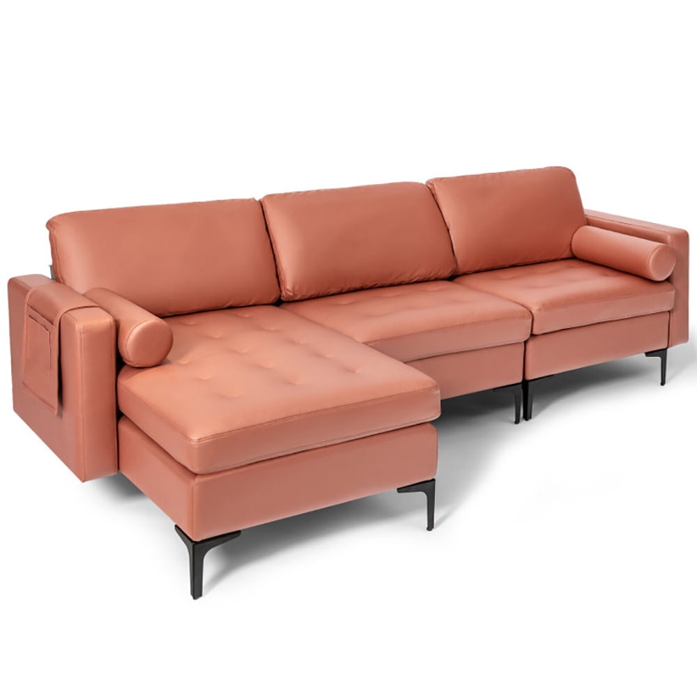 Finihen L-shaped Sectional Sofa Couch, Modular L-shaped 3-Seat Sectional Sofa with Reversible Chaise and 2 USB Ports, for Living Room, Pink Finihen L-shaped Sectional Sofa Couch, Modular L-shaped 3-Seat Sectional Sofa with Reversible Chaise and 2 USB Ports, for Living Room, Pink