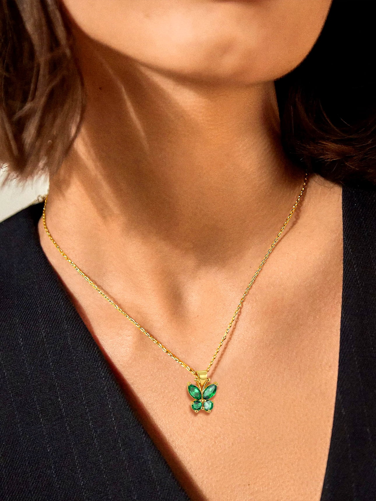 Bestyle 14K Gold Plated Butterfly Necklace for Women, Simulated Emerald Birthstone Crystal Pendant Jewelry Birthday Graduation Gifts for Her