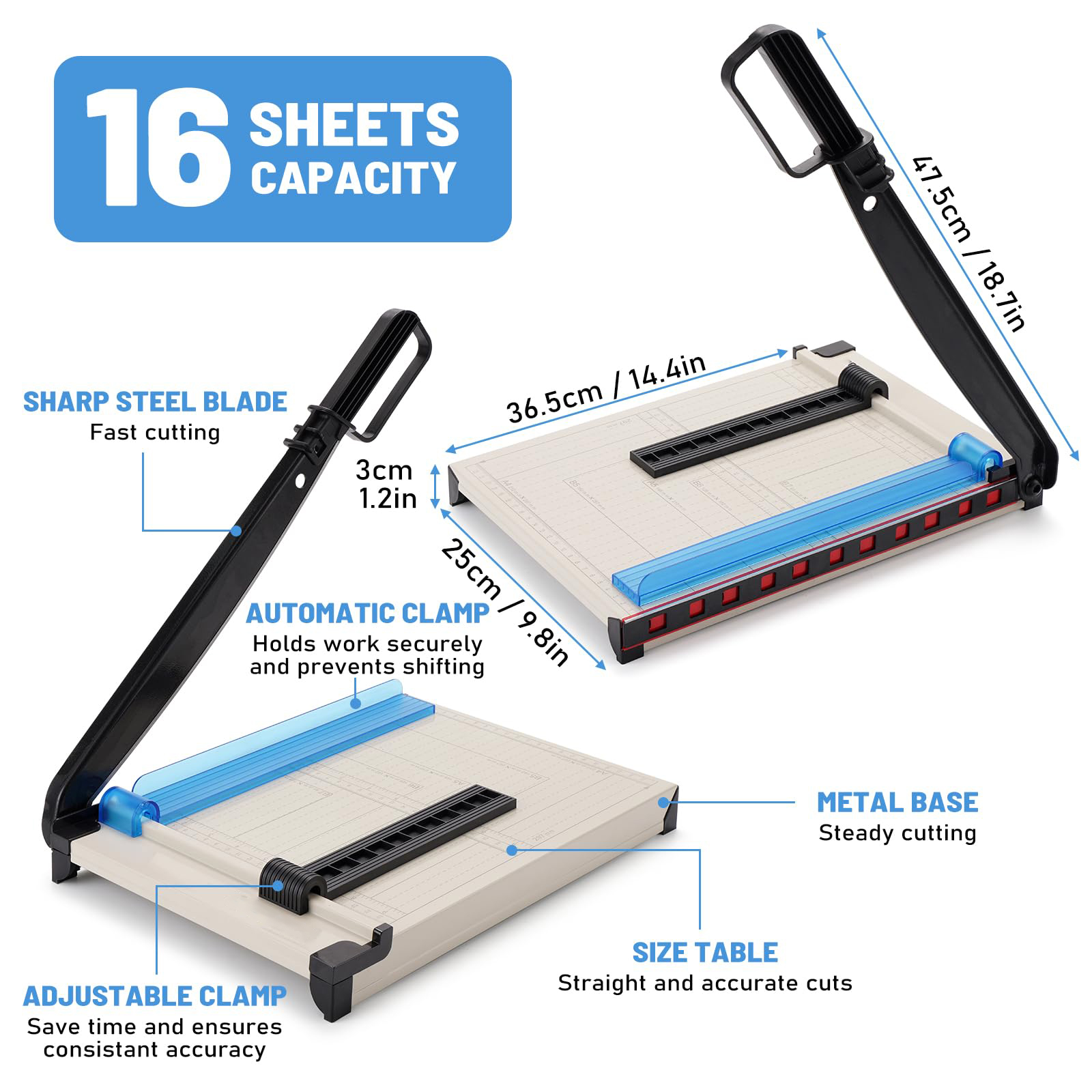 Paper Cutter, Paper Slicer with Safety Guard and Blade Lock,  Paper Cutters and Trimmers for Cardstock Cardboard ,12" Cut Length Guillotine Paper Cutter with 16 Sheet Capacity