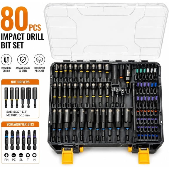 Asnish 80-piece Impact Drill Bit Accessory Set with Nut Driver and Magnetic Screwdriver Bit Set