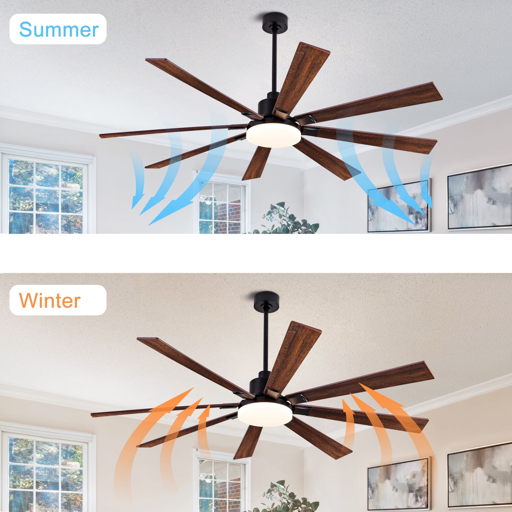 Mintazer 72 in Ceiling Fan with Lights and Remote, Modern Ceiling Fan with 6 Speed & 8 Blade for Farmhouse Bedroom Living Room Gazebo Patio, Brown