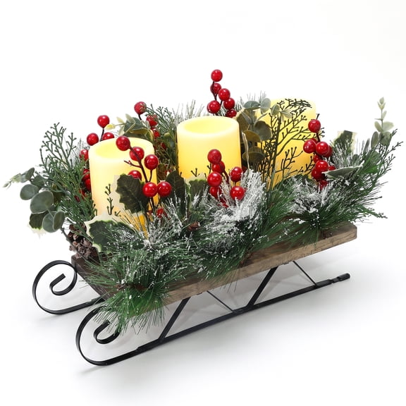 Christmas Table Centerpiece Decor,Areker Christmas Sleigh Candle Holder with 3 Flameless LED Candles,Tabletop Ornament for Xmas Indoor Home Mantel Dining Table Holiday Decorations(14.96*5.5*8inch)
