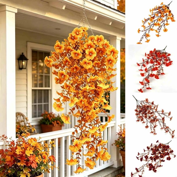 Fufafayo 4Pcs Fall Artificial Flowers Hanging Baskets, Trumpet Flowers Outdoor Courtyard Decor, Faux Silk Floral Arrangement for Fall-Themed Corridor Porch Garden Wall