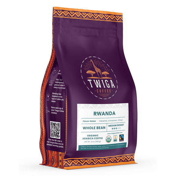 Rwanda Coffee | USDA Organic | Fairtrade | Medium Roast | Whole Bean | 12 oz | Twiga Coffee