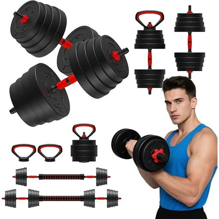 25/45/75/90-lb 4-in-1 Adjustable Dumbbell Set, Converts to Barbell, Kettlebell & Push-Up Stand with Connector, Interchangeable Weight Plates & Storage Tray for Home Gym