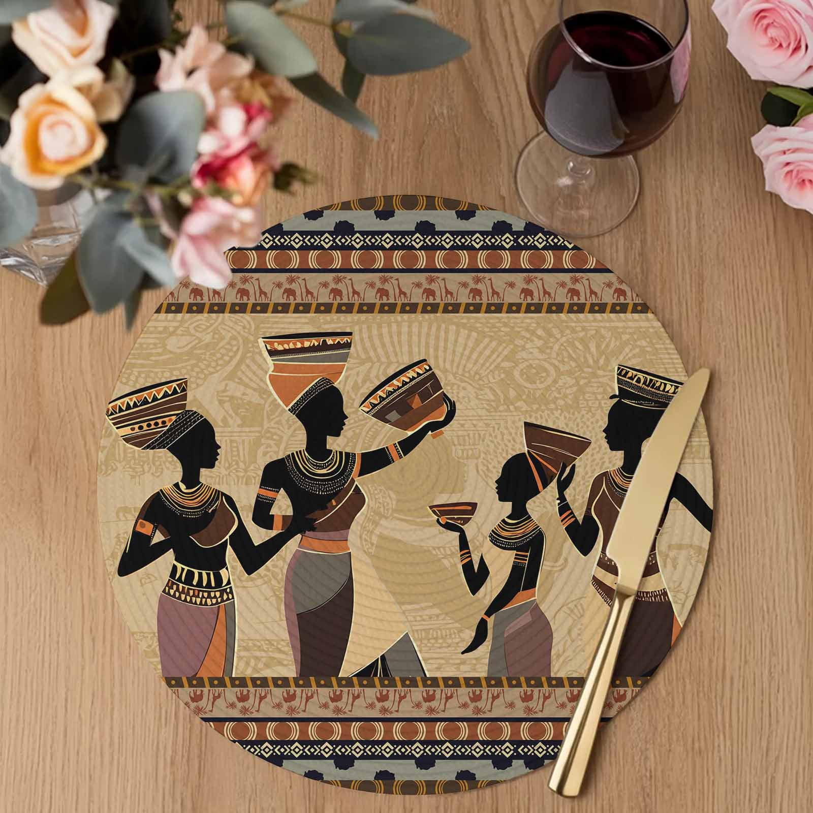 African Women Round Placemats Set of 4 Black Girl Retro Ethnic Ancient Tradition Place Mats Indoor Woven Table Mats Washable Heat-Resistance Braided Dining Table Placemats for Kitchen Party 13 Inch