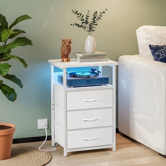 Tomnk LED Dresser with Charging Station, Bedside Table Night Stand with 3 Fabric Storage Drawers, White