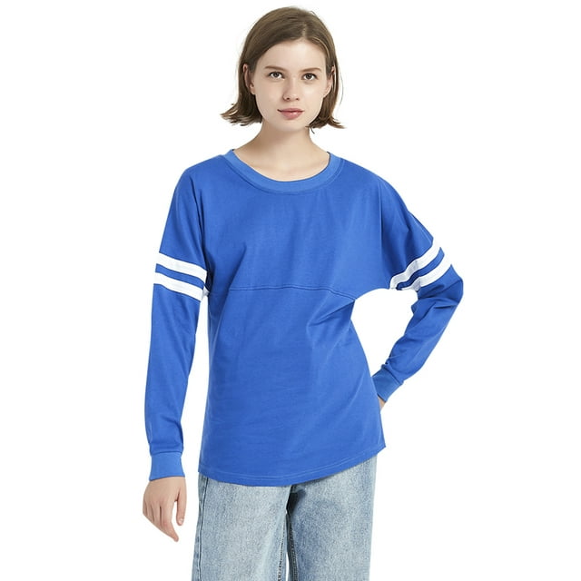 TOPTIE Chandail à Col Rond pour Femmes avec Pompons, Chandail Jersey Jeunesse à Manches Longues, T-Shirt de Jour de Match, Vierge-Bleu Blanc-TP