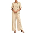 thumbnail image 2 of Women Suits 2 Piece Set Womens Solid Color Casual Vacation Linen Outfit Button Short Sleeve Blouse Wide Leg Pants Set Summer Travel Wear Khaki 3XL, 2 of 7