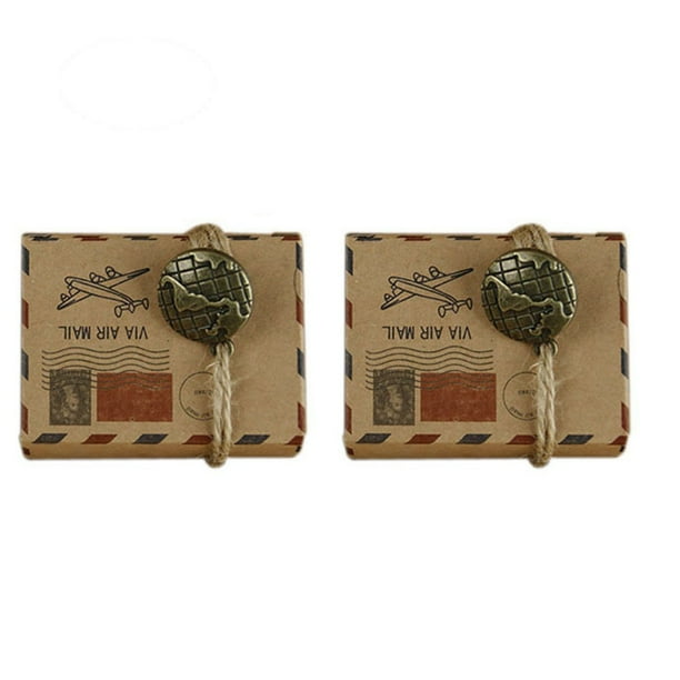 FELTECHELECTR 50 cajas de regalo con diseño vintage de correo aéreo, bomboneras con globo terráqueo, cajas de papel kraft para regalos de boda (con globo terráqueo y cuerda de cáñamo)