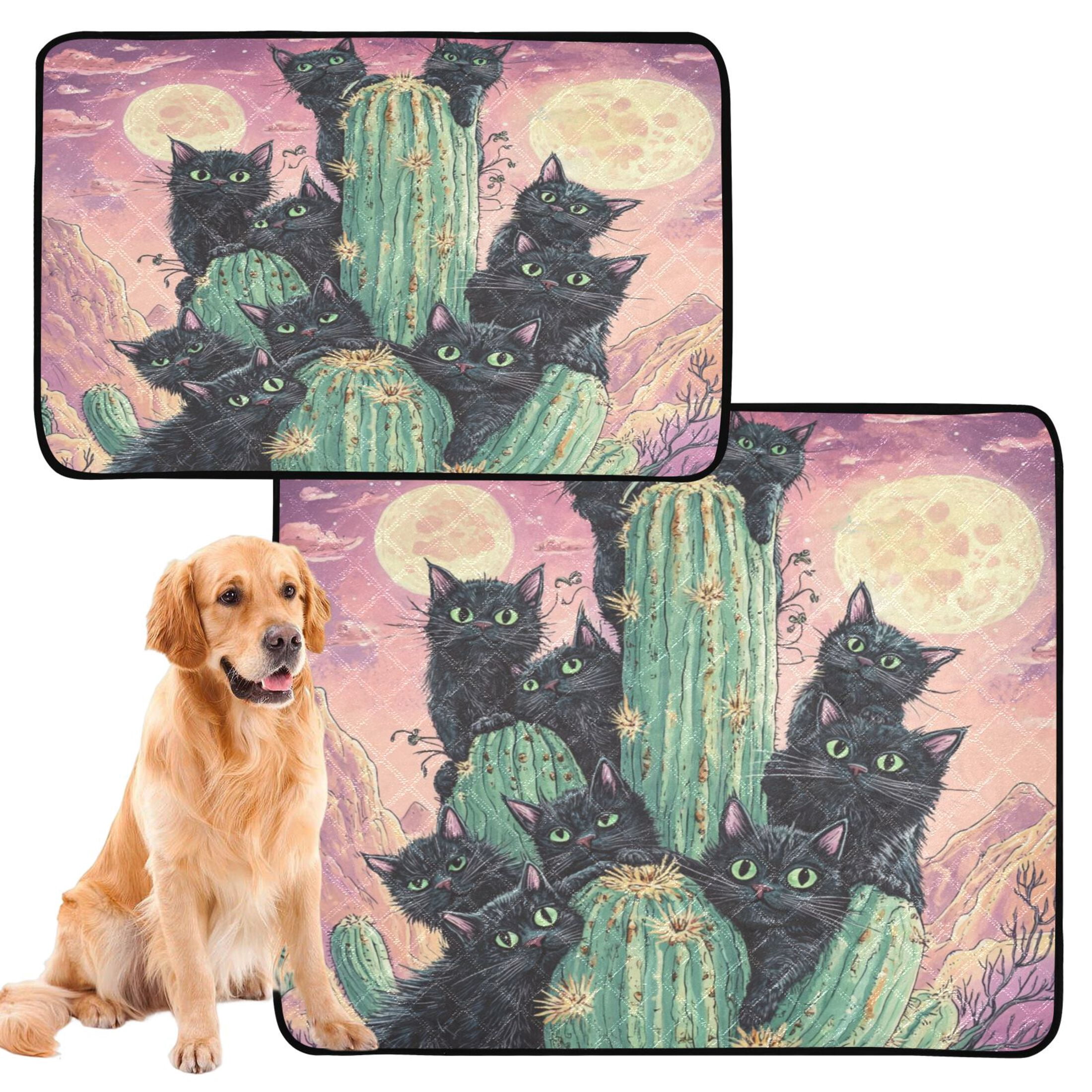 Qxltty Black Cat with Cactus Cat litter Pads Pet Set of 3 Diaper Mats Center Anti-leakage Layer Absorbent Soft and Comfortable