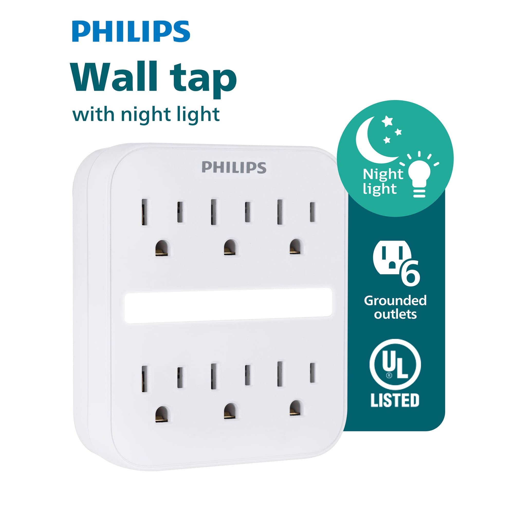 Philips 6-Outlet Grounded Wall Tap With Light Sensor Night Light Protection