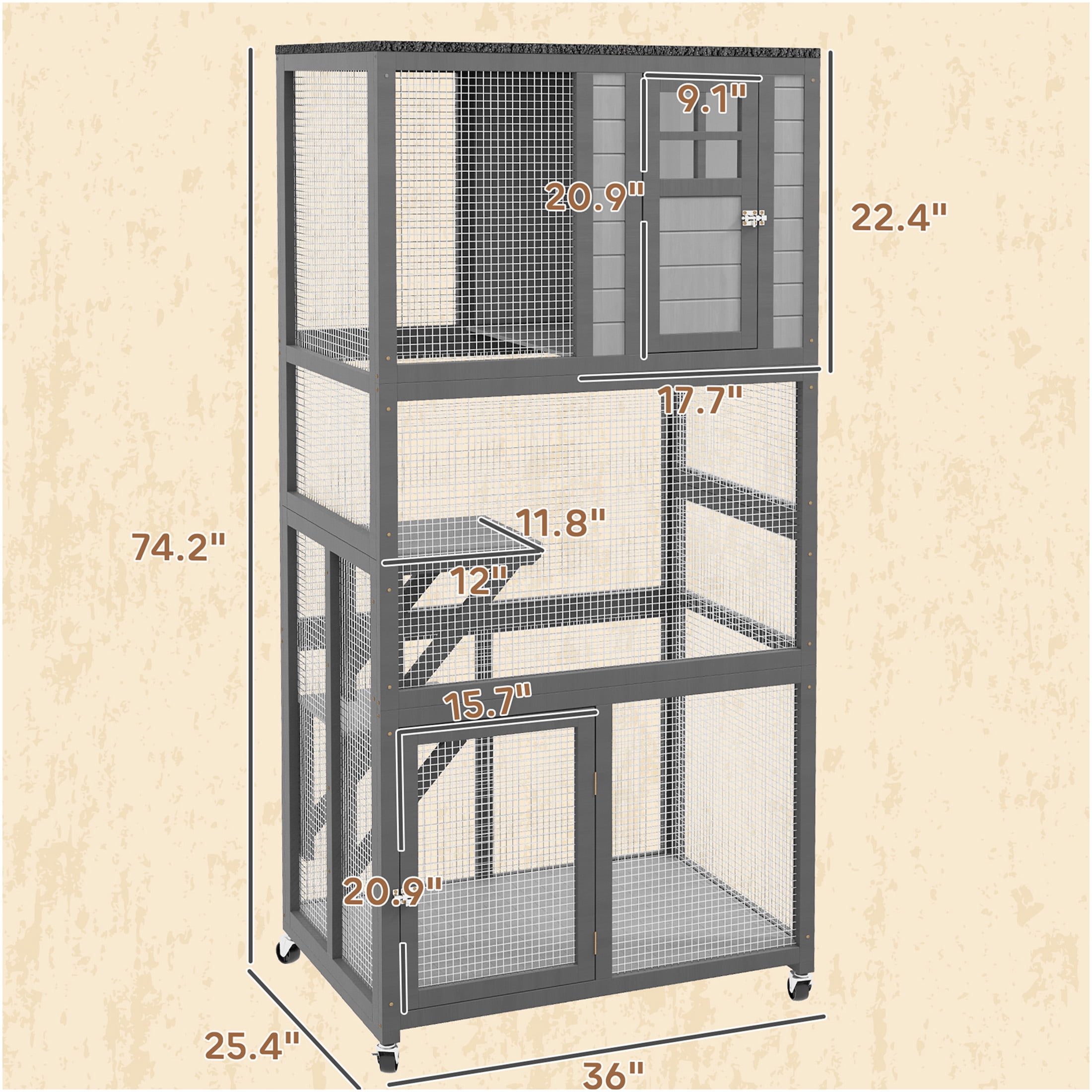 JERFIT 74" Outdoor Wooden Cat House Enclosure with Wheels, Weatherproof Large Catio Cage Condo for Indoor Outside Use, Light Gray
