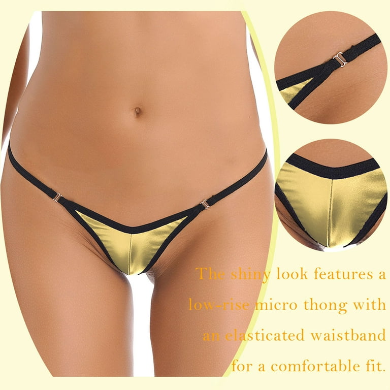 YONGHS Women's Shiny Metallic Low Rise Micro Back G-string Thong Panty  Bikini Bottoms Underwear Light Gold One Size 