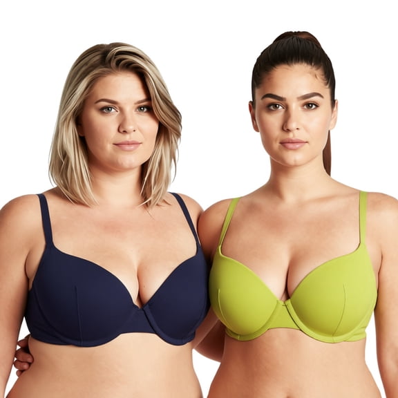 Curve Muse Women's Light Lift Underwire Convertible Add 1 Cup Push Up Tshirt Bra-2PK-Navy,Lime-32B