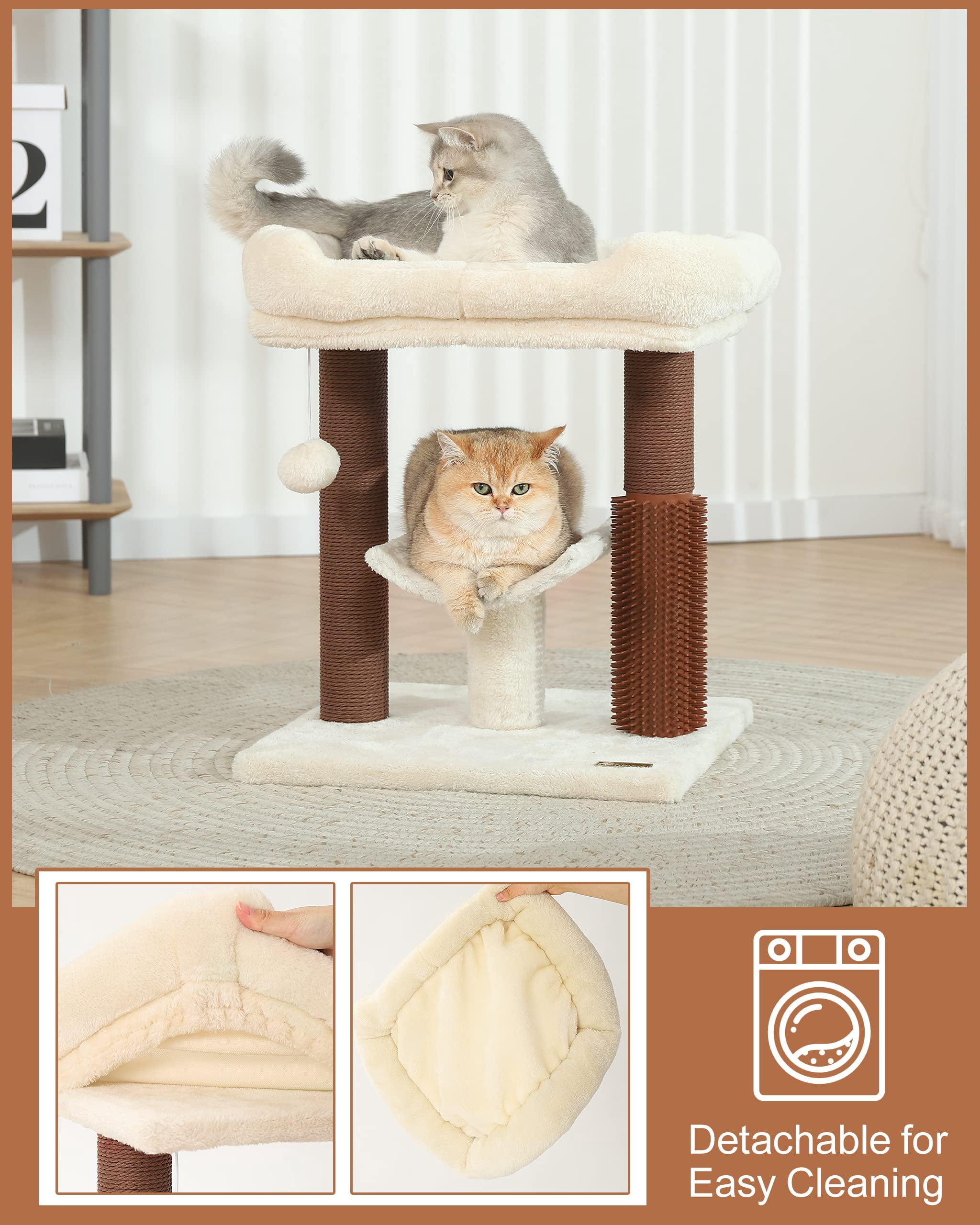 Hoopet 20" Cat Tree Tower, Scratching Post for Indoor Cats with Cozy Perch, Self Groomer & Interactive Ball,Beige