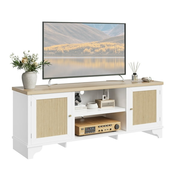 Rattan TV Stand for Up to 70 Inch TVs Boho Entertainment Center with Storage, TV Media Console for Living Room