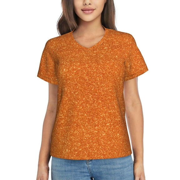 Xecao Orange Glitter for Women's V-Neck T-Shirts-Elegant Half-Sleeve Tops Perfect for Summer-Small