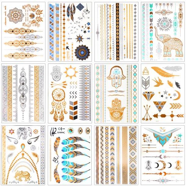 Tatuajes temporales metálicos, más de 120 para mujeres, adolescentes, niñas, tatuajes, pegatinas de tatuaje impermeables con brillo dorado y plateado para festivales y fiestas en la playa